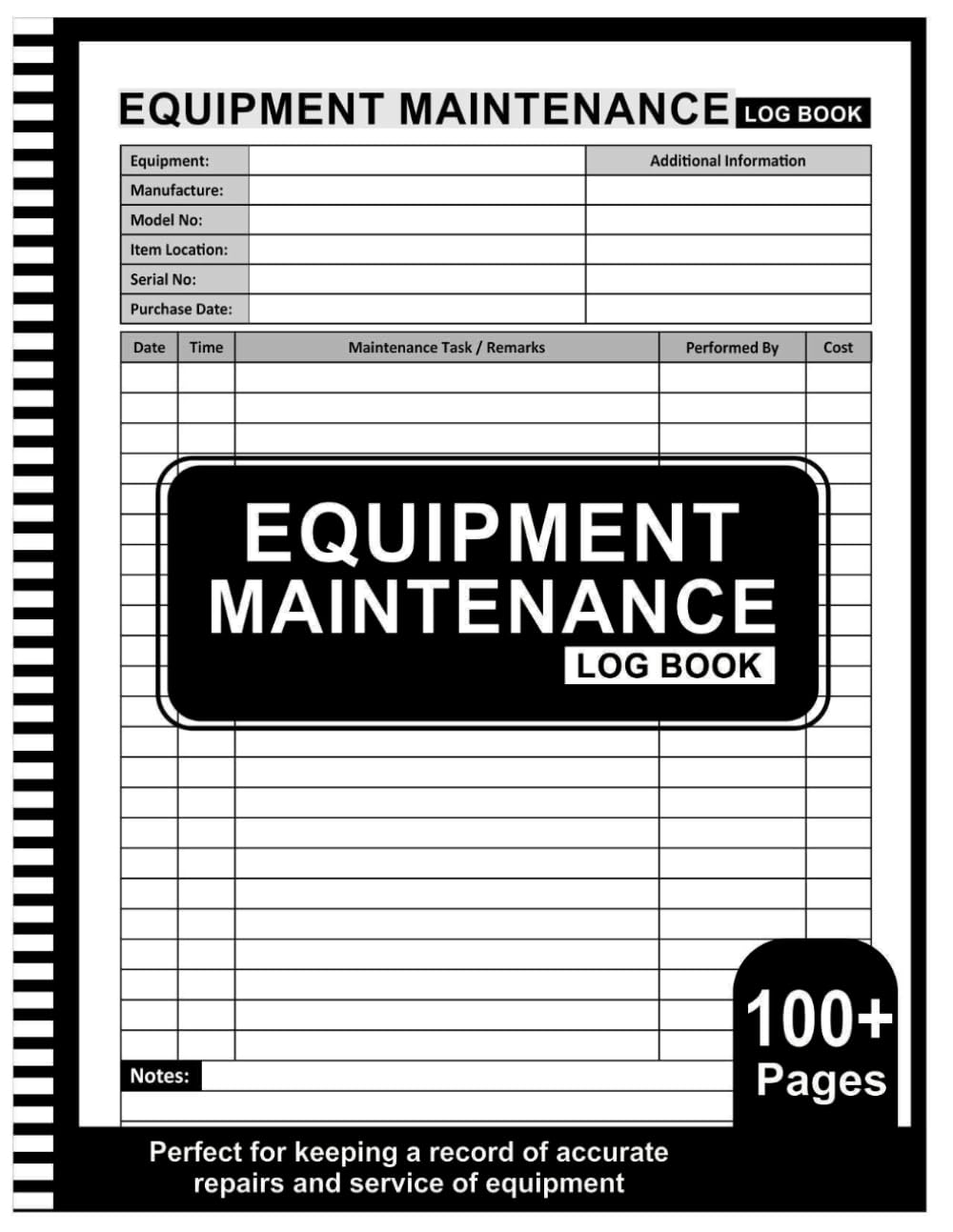Equipment Maintenance Log Book: Large Print 8.5" x 11" 100+ Pages